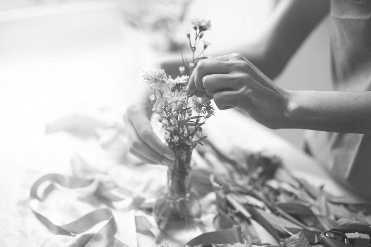 Close-up of floral arrangement work in progress